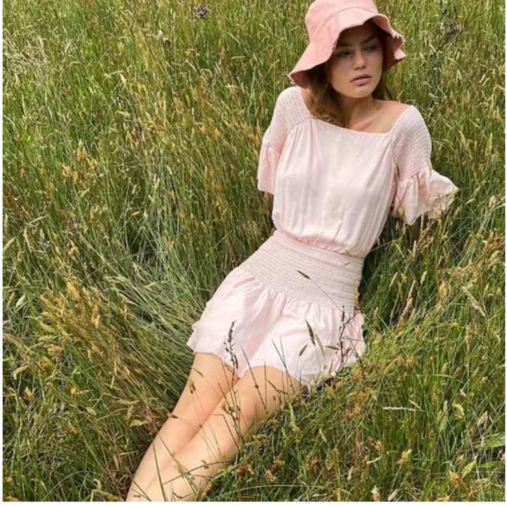 Free People Sam Smocked Light Pink Mini Dress Open Back S